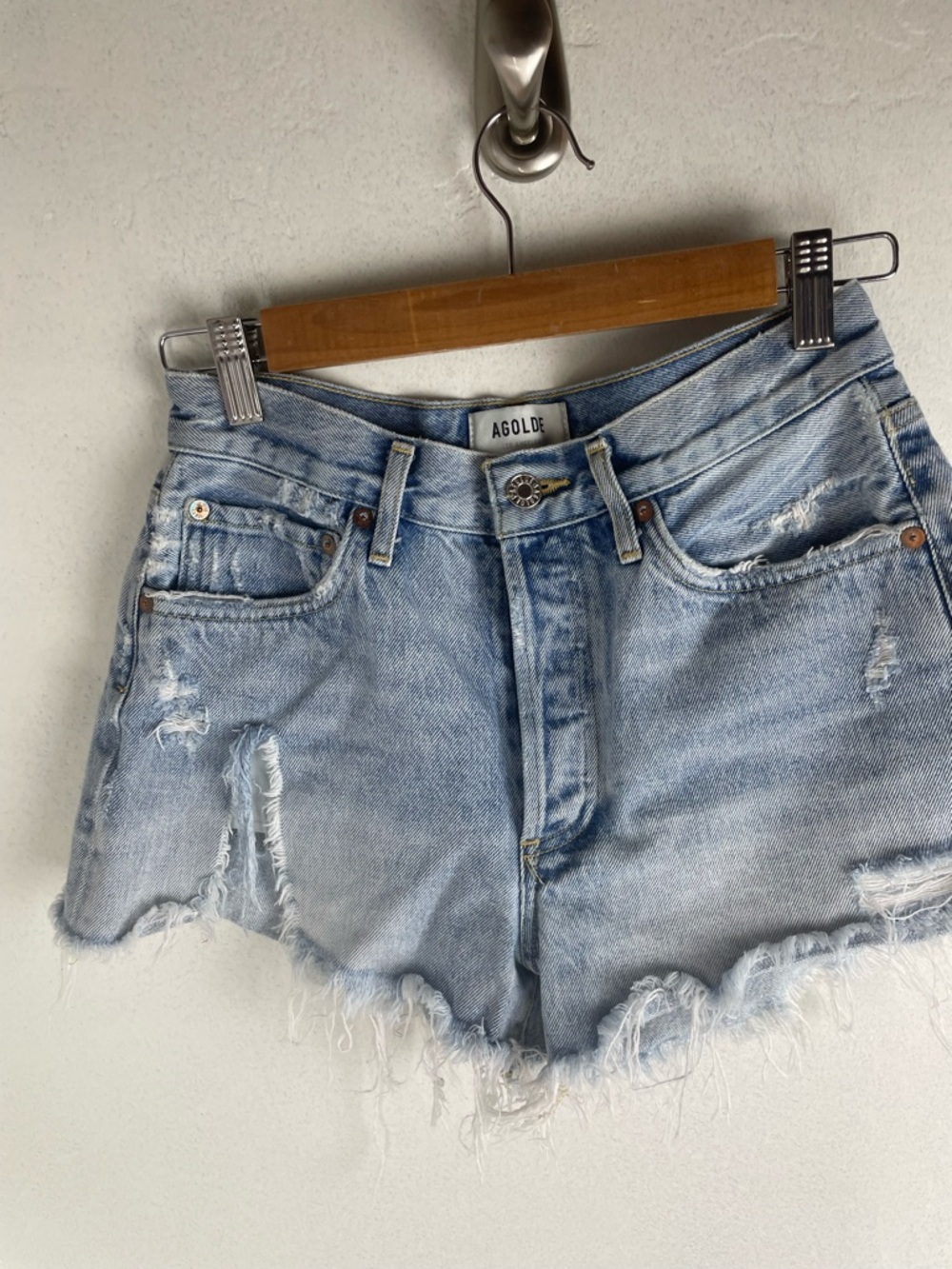 Agolde Parker Light Wash Frayed Denim Cutoff Shorts